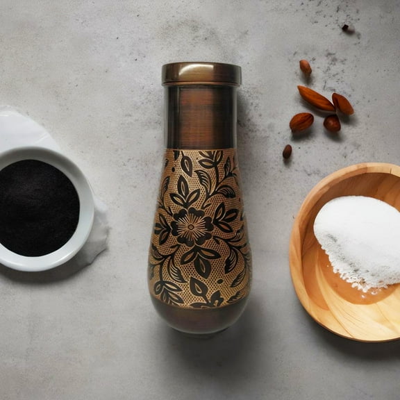 PURE ETCHED COPPER WATER BOTTLE - BLACK ANTIQUE - BY ERHA HANDICRAFT