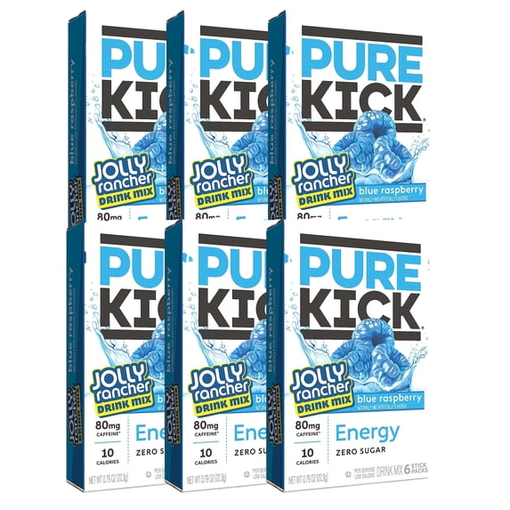 PURE KICK Energy On the Go Drink Mix Jolly Rancher Blue Raspberry Powdered Water Enhancer Sugarand Guilt Free for Home Office Gym Running Indoor Outdoor Activities Hydrating Drinks 6ct Water Pack of 6