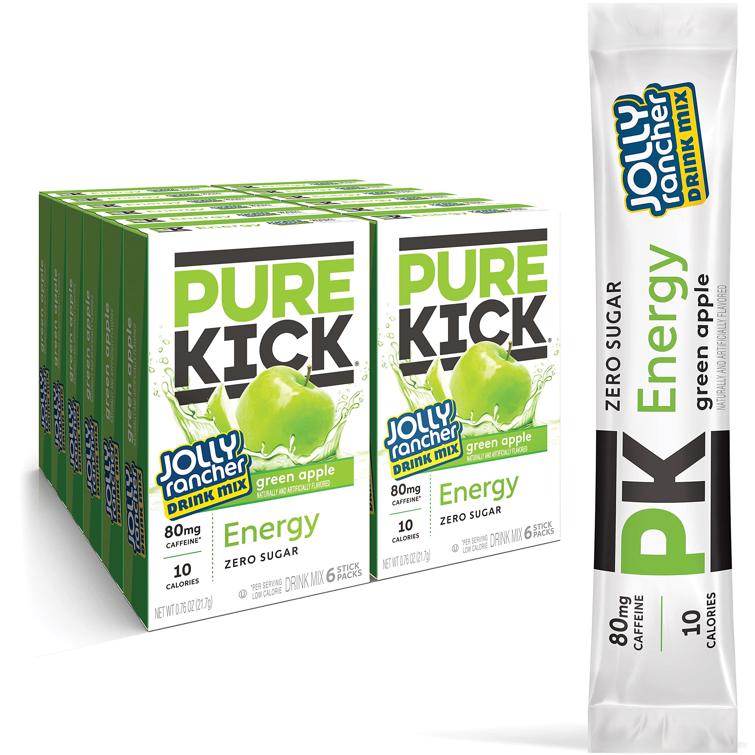 PURE KICK Energy Singles To Go Drink Mix, Jolly Rancher Green Apple, Includes 12 Boxes with 6
