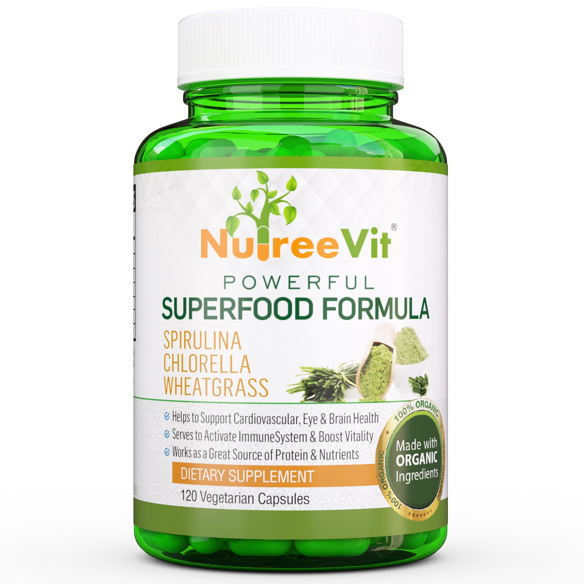 PURE ORGANIC SPIRULINA + CHLORELLA + WHEATGRASS EXTRACT CAPSULES (500mg