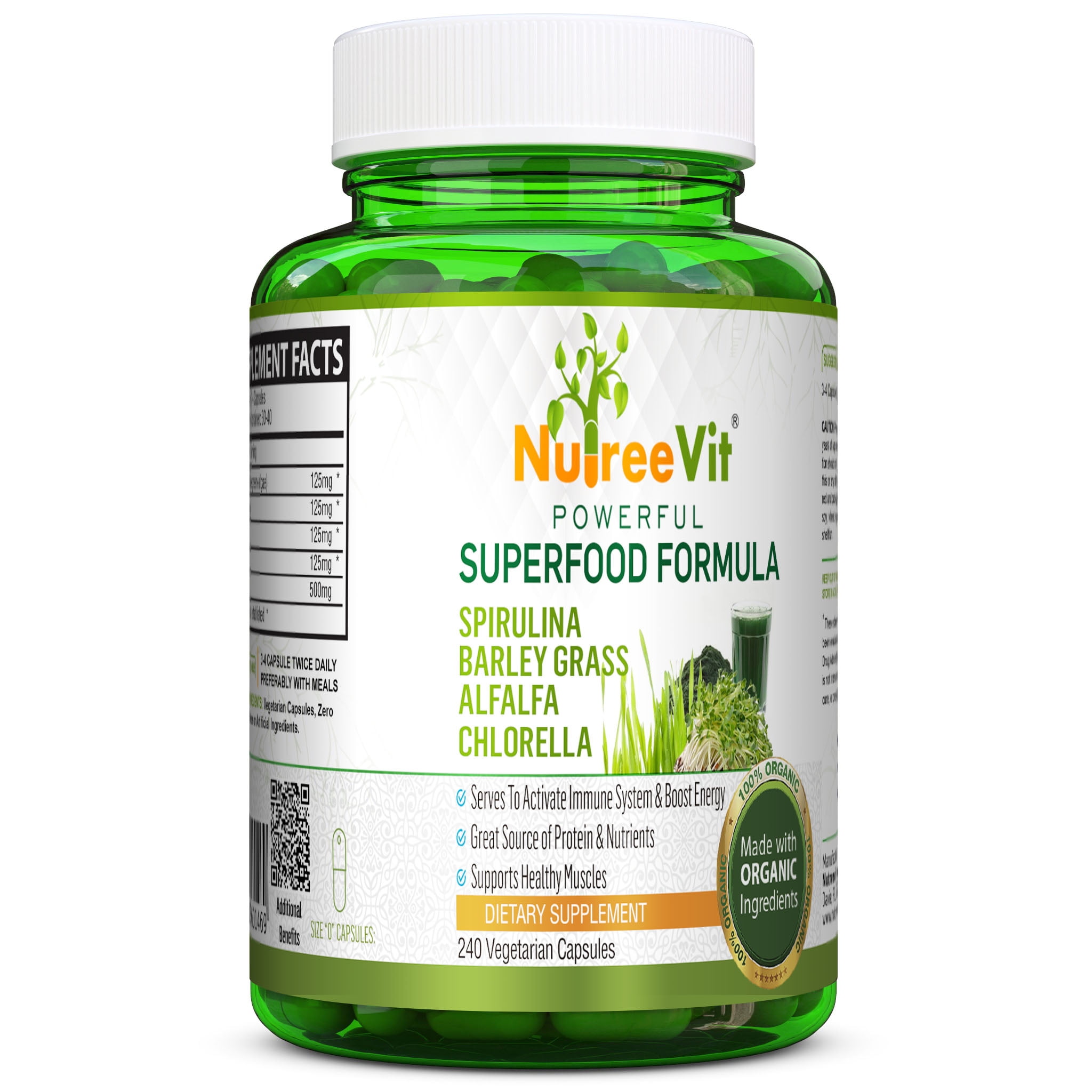PURE ORGANIC Spirulina + Barley Grass + Alfalfa + Chlorella CAPSULES