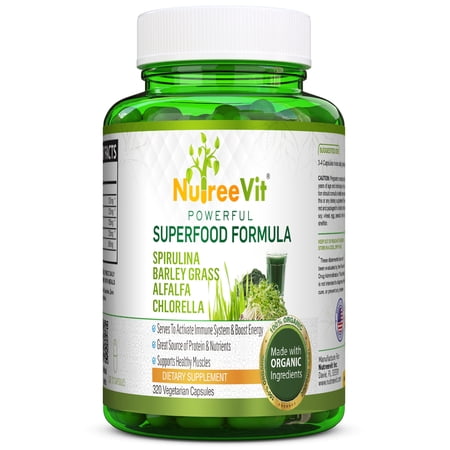 PURE ORGANIC Spirulina + Barley Grass + Alfalfa + Chlorella CAPSULES (320 Count)
