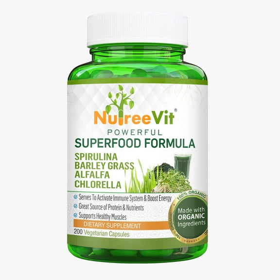 PURE ORGANIC Spirulina + Barley Grass + Alfalfa + Chlorella CAPSULES (500 Count)