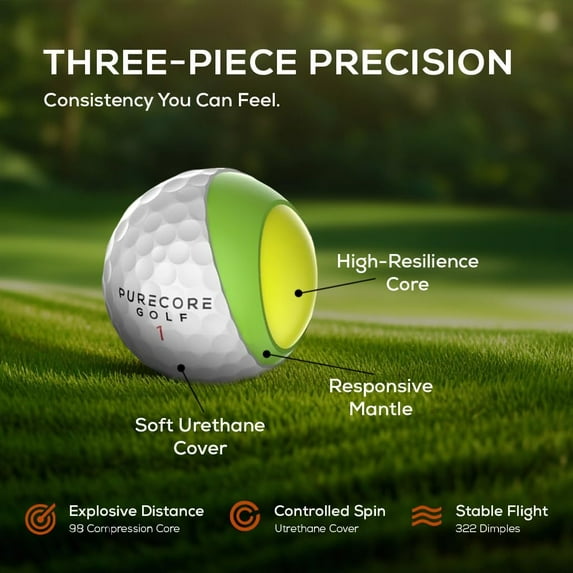 PURECORE Performance+ Premium 3-Piece Urethane Golf Balls - Mid ...