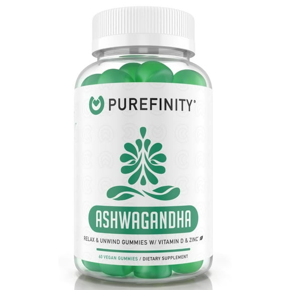 PUREFINITY Ashwagandha Gummies with Vitamin D & Zinc  Ashwagandha Supplement Gummies for Mood Support, Calming & Relaxing  Gluten Free, Non-GMO, Vegan  60 Gummies