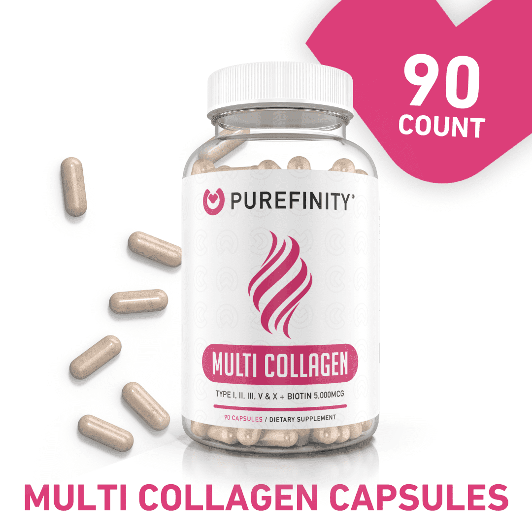 PUREFINITY Collagen Peptides Capsules - Types I, II, III, V & X with Biotin & Hyaluronic Acid, Supports Healthy Hair, Skin, Bones & Nails, 90 Count