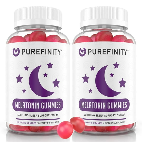 PUREFINITY Melatonin Gummies Non-Habit Forming 5mg Melatonin for Kids & Adults - Vegan Berry Flavor Supplement - Healthy Restful Cycles, Gluten Free & Non-GMO - 120 Gummies (Pack of 2)