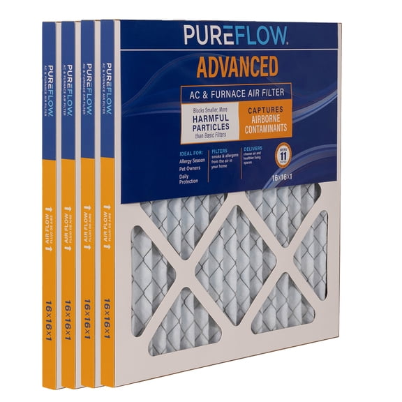 PUREFLOW Home Air Filter MERV 11, 16x16x1 Furnace Filter, 4 Layer High Efficiency Filtration for Dust, Smoke, Fumes, Pollutants (4-Pack)
