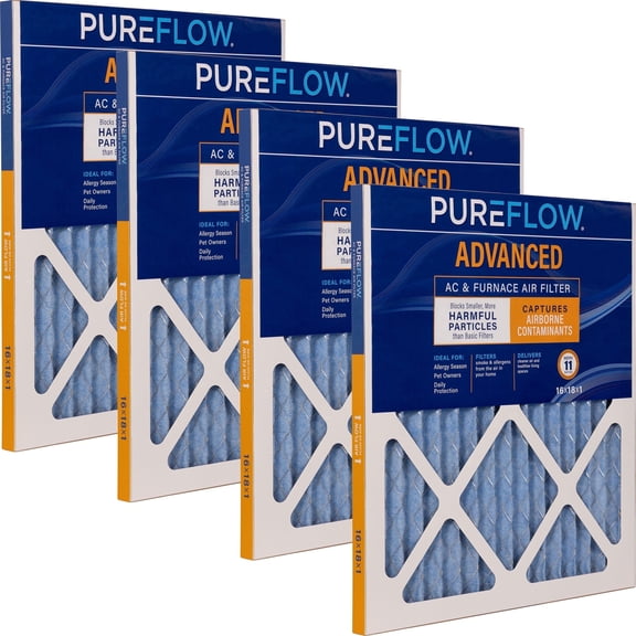 PUREFLOW Home Air Filter MERV 11, 16x18x1 Furnace Filter, 4 Layer High Efficiency Filtration for Dust, Smoke, Fumes, Pollutants (4-Pack)