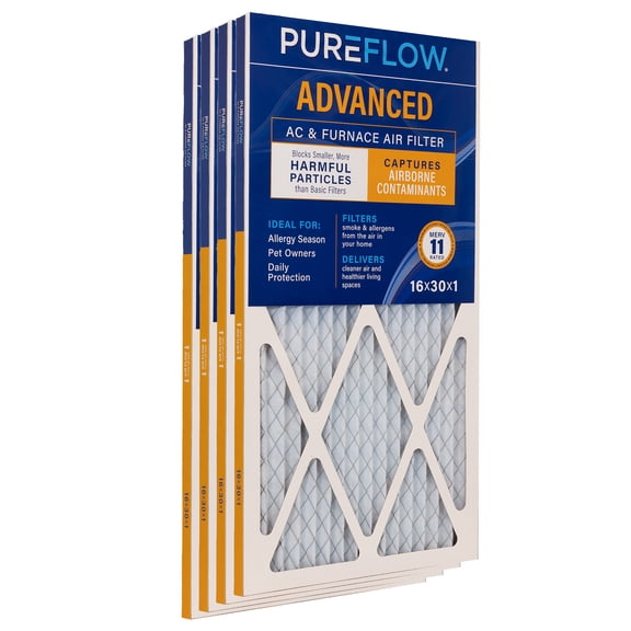 PUREFLOW Home Air Filter MERV 11, 16x30x1 Furnace Filter, 4 Layer High Efficiency Filtration for Dust, Smoke, Fumes, Pollutants (4-Pack)
