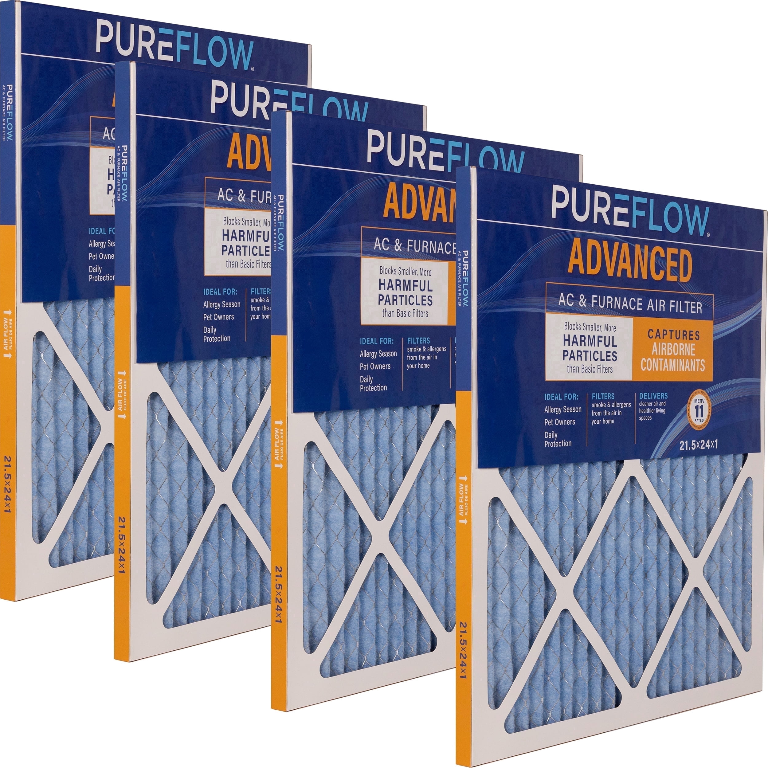 PUREFLOW Home Air Filter MERV 11, 21.5x24x1 Furnace Filter, 4 Layer High Efficiency Filtration for Dust, Smoke, Fumes, Pollutants (4-Pack)