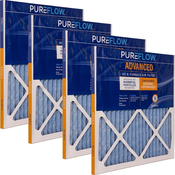 PUREFLOW Home Air Filter MERV 11, 21x21x1 Furnace Filter, 4 Layer High Efficiency Filtration for Dust, Smoke, Fumes, Pollutants (4-Pack)