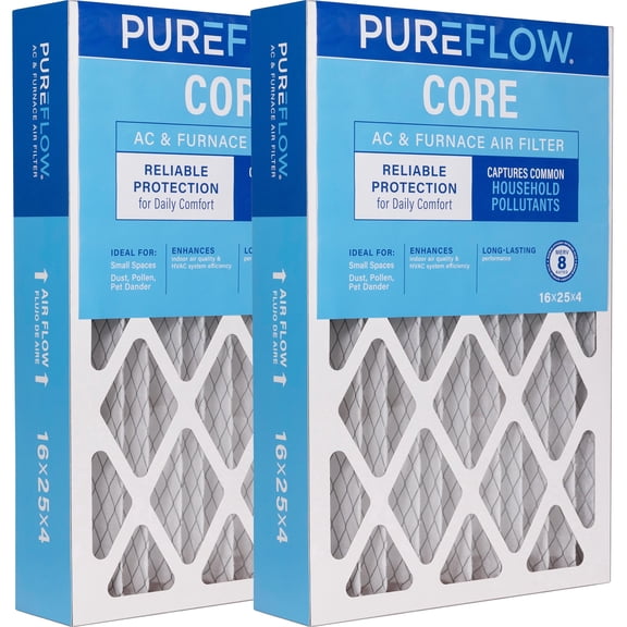 PUREFLOW Home Air Filter MERV 8, 16x25x4 Furnace Filter, 4 Layer High Efficiency Filtration for Dust, Smoke, Fumes, Pollutants (2-Pack)