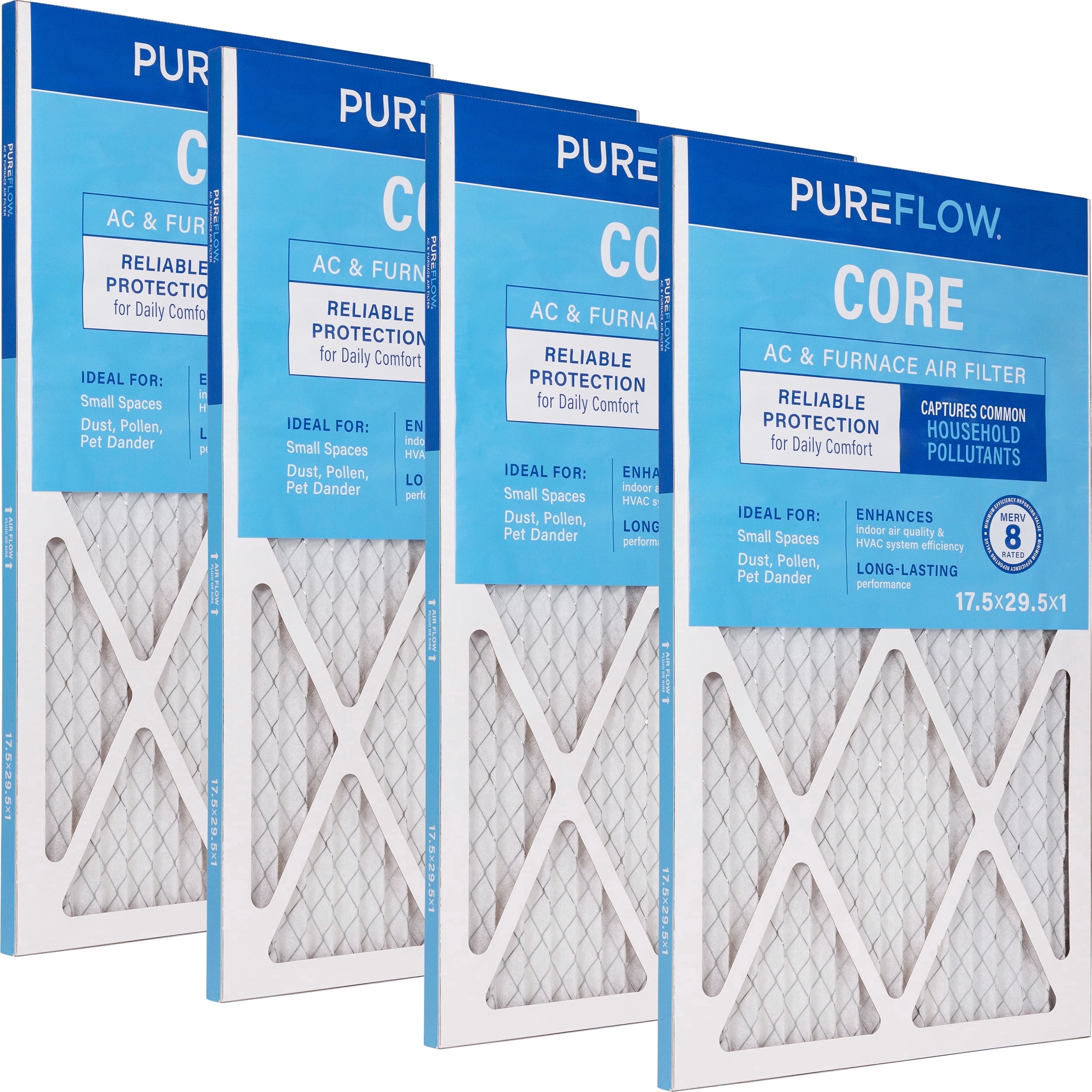 PUREFLOW Home Air Filter MERV 8, 17.5x29.5x1 Furnace Filter, 4 Layer High Efficiency Filtration for Dust, Smoke, Fumes, Pollutants (4-Pack)