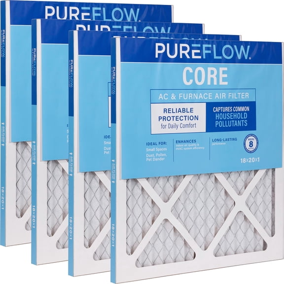 PUREFLOW Home Air Filter MERV 8, 18x20x1 Furnace Filter, 4 Layer High Efficiency Filtration for Dust, Smoke, Fumes, Pollutants (4-Pack)