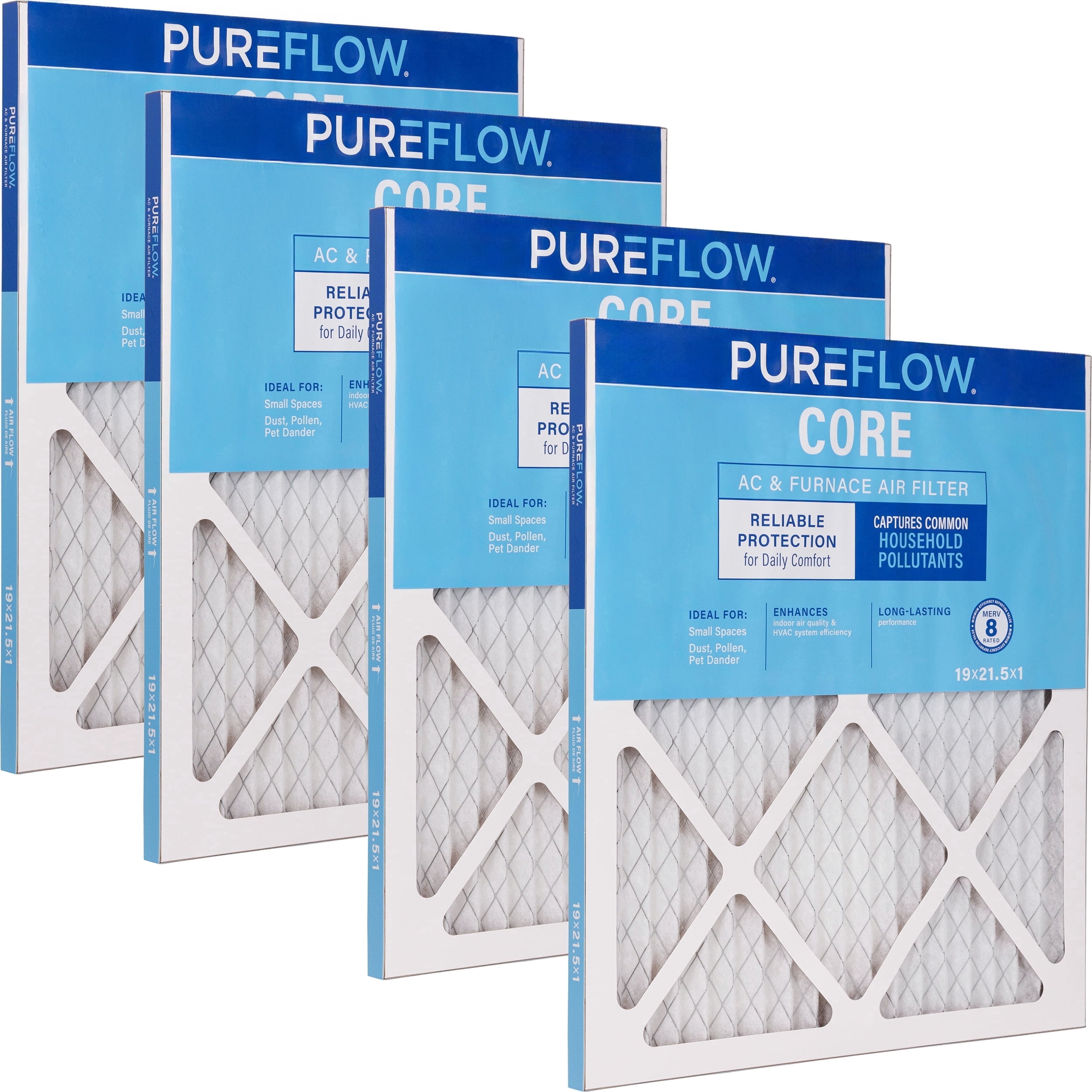 PUREFLOW Home Air Filter MERV 8, 19x21.5x1 Furnace Filter, 4 Layer High Efficiency Filtration for Dust, Smoke, Fumes, Pollutants (4-Pack)