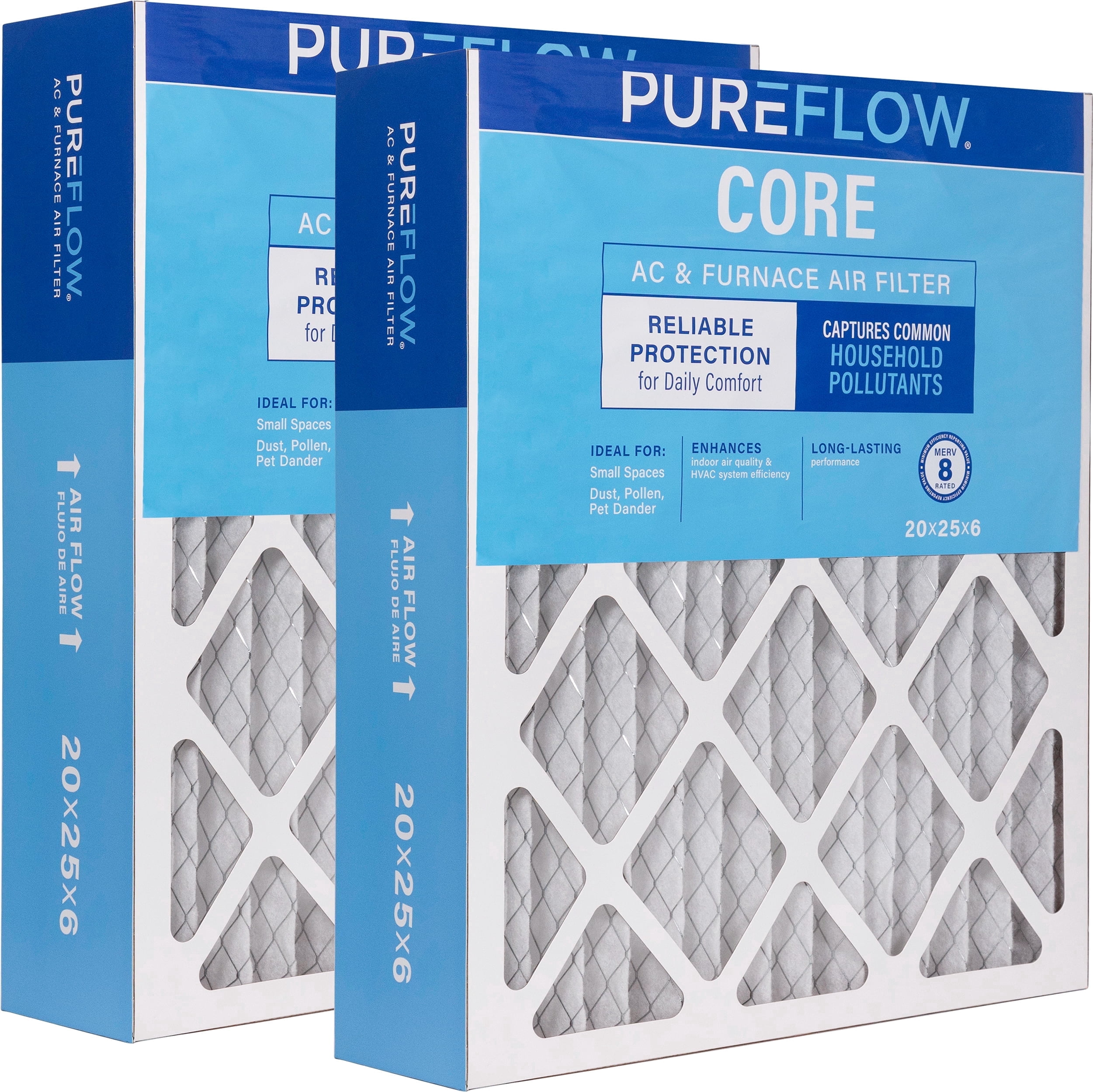 PUREFLOW Home Air Filter MERV 8, 20x25x6 Furnace Filter, 4 Layer High Efficiency Filtration for Dust, Smoke, Fumes, Pollutants (2-Pack)