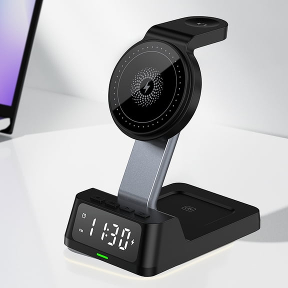PUREKKI 4-in-1 Wireless Charging Station with Digital Alarm Clock, 15W Fast Charging for Phone, Watch, Headphones, and Desktop Stand