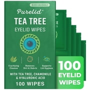 PURELID 100PCs Tea Tree Eyelid Wipes   Gentle Eyelid Cleanser with Hyaluronic Acid, Chamomile and Aloe   Individually Wrapped & Biodegradable