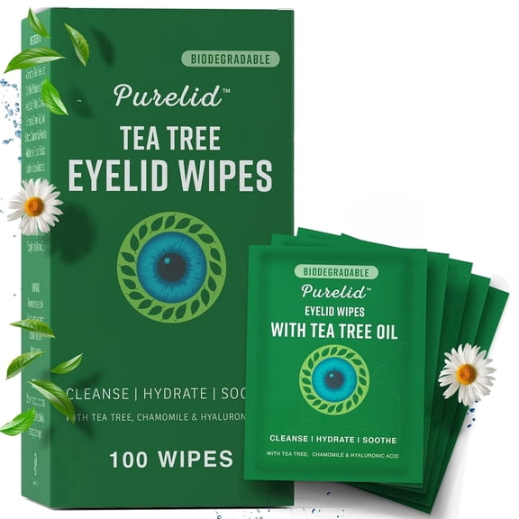 PURELID 100PCs Tea Tree Eyelid Wipes  Gentle Eyelid Cleanser with Hyaluronic Acid, Chamomile and Aloe  Individually Wrapped & Biodegradable