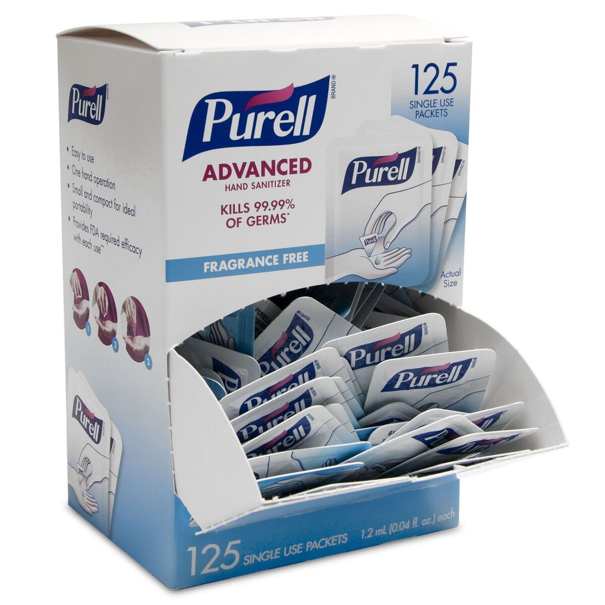 PURELL Advanced Hand Sanitizer Single Use Packets, Self Dispensing Display Box, 125 Count