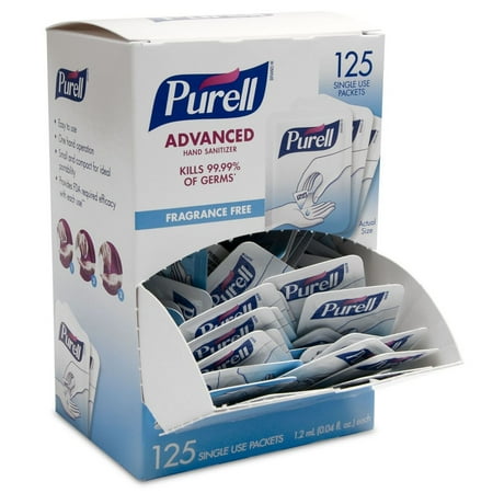 PURELL SINGLES Advanced Hand Sanitizer Gel, Fragrance Free, 125 Count Single-Use Travel-Size Packets - 9620-12-125EC (Pack of 1)