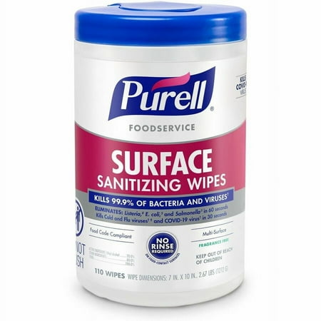 PURELL; Foodservice Surface Sanitizing Wipes - Ready-To-Use Wipe7" Width x 10" Length - 110 / Canister - 1 Each