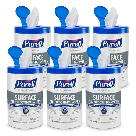 PURELL Professional Surface Disinfecting Wipes, 7 x 8, Fresh Citrus, 110/Canister, 6 Canister/Carton (934206CT)