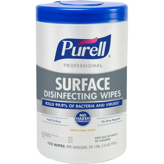 PURELL® Professional Surface Disinfecting Wipes - Ready-To-Use Wipe - Fresh Citrus Scent - 7" Width x 8" Length - 110 / Canister - 1 Each | Bundle of 2 Each
