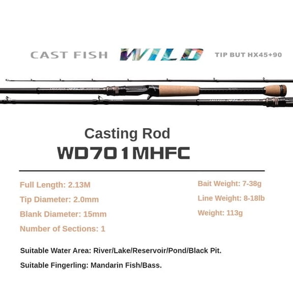 PURELURE WILD 1-Piece Rod All Fuji SIC Guide Rings Pike Rod Black Bass Rod Cork Handle Toray T1100G Cloth Zander