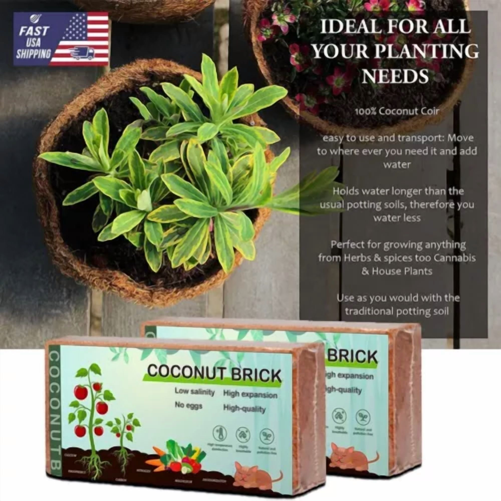 PURELY- 2-Pack 650G Coconut Growing Media Fiber Potting Soil Gardening Coco Coir Bricks