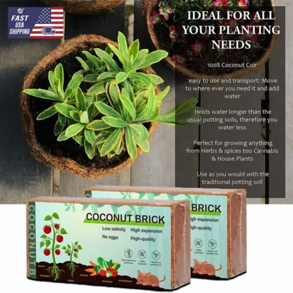 PURELY- 2-Pack 650G Coconut Growing Media Fiber Potting Soil Gardening Coco Coir Bricks