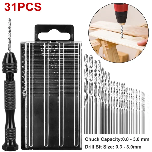 PURELY- 31Pcs Mini Micro Hand Drill Bits Set Small Manual Keyless Chuck Pin Vise Rotary