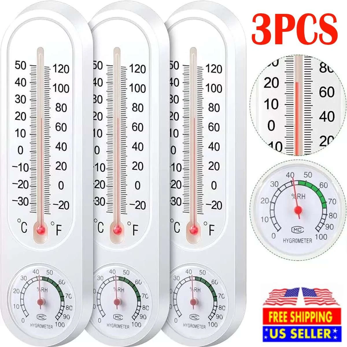 PURELY- 3Pcs Wall Thermometer Indoor Outdoor Mount Garden Greenhouse Home Humidity Meter