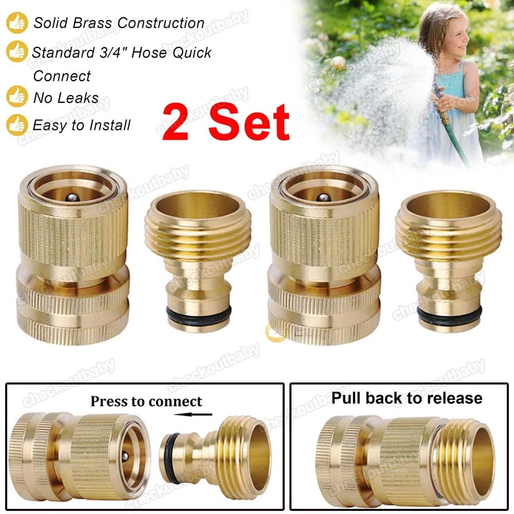 PURELY- 4Pcs Garden Hose Quick Connector Solid Brass 3/4" Fitting Male Female Connect
