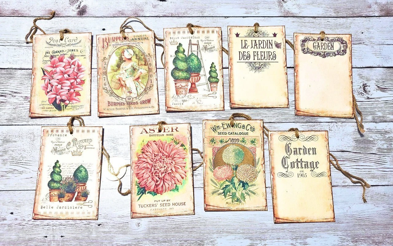 PURELY- 9~Vintage~Ephemera~Garden~Junk Journal~Linen Cardstock~Gift~Hang~Tags