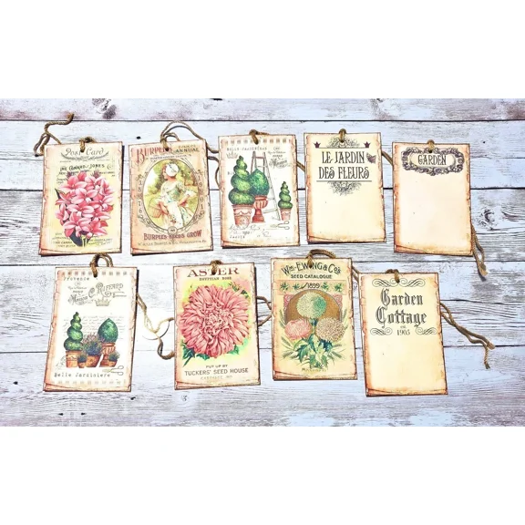 PURELY- 9~Vintage~Ephemera~Garden~Junk Journal~Linen Cardstock~Gift~Hang~Tags