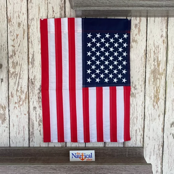 PURELY- American Garden Flag, 12" X 18" Embroidered Nylon W/ Sleeve, Sewn Stripes, Stars
