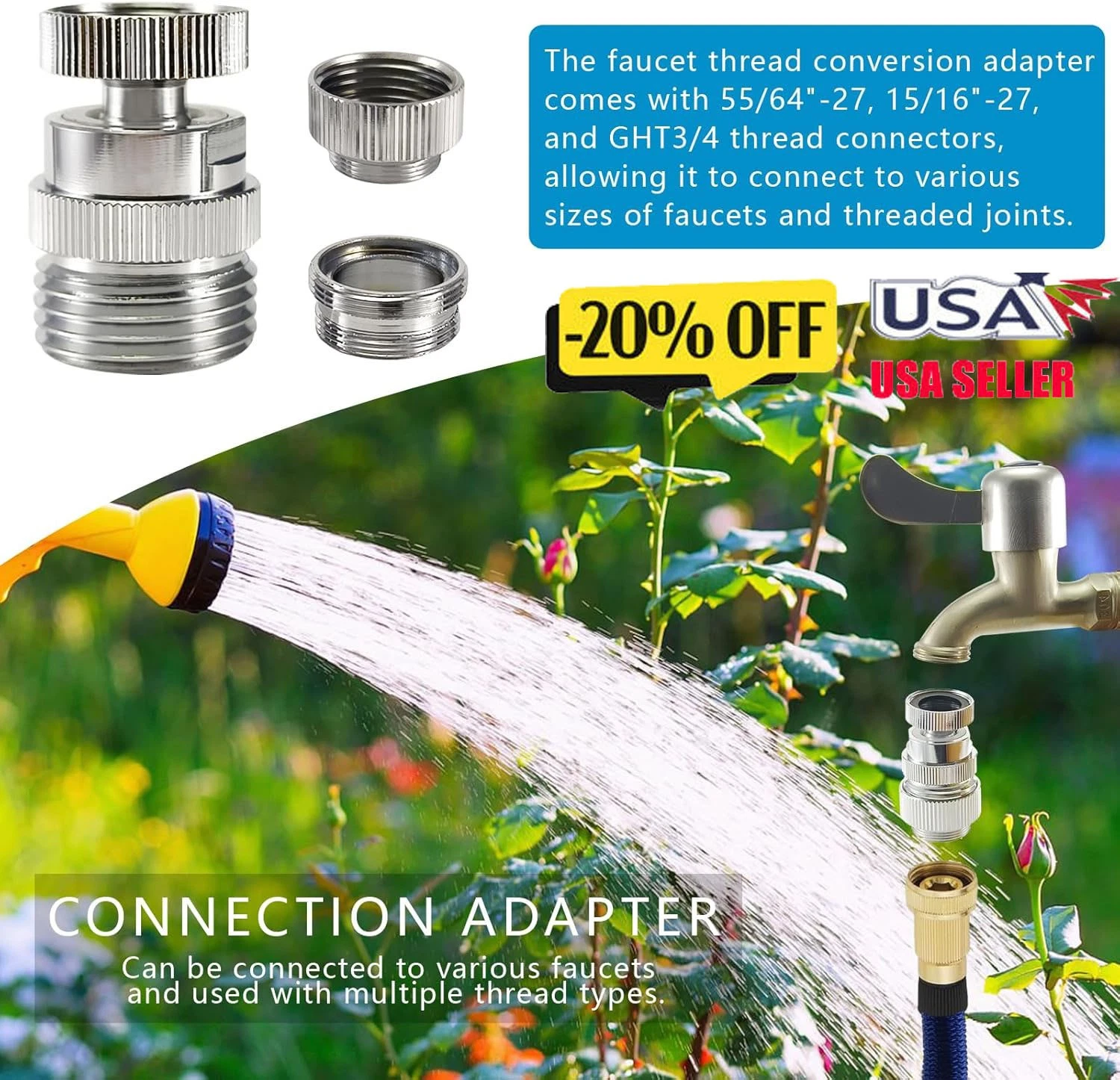 PURELY- Brass Sink Faucet 3/4" To Garden Hose Adapter Swivel Adapter + Aerator Kit