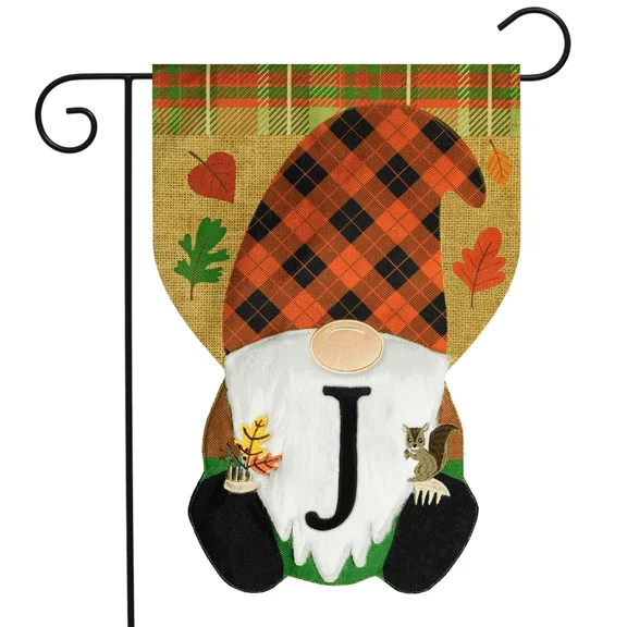 PURELY- Briarwood Lane Fall Gnome Burlap Monogram Letter J Garden Flag