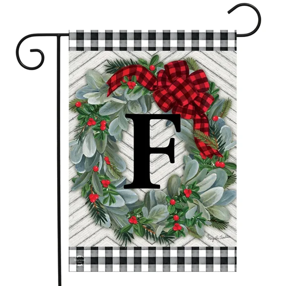 PURELY- Briarwood Lane Winter Wreath Monogram Letter F Garden Flag