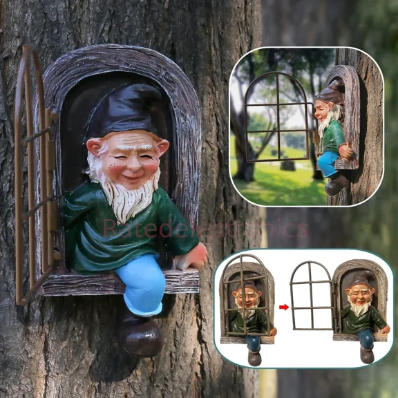 PURELY- Elf Out The Window Garden Gnome Tree Hugger Funny Gnome Statue Decor Figurine Us