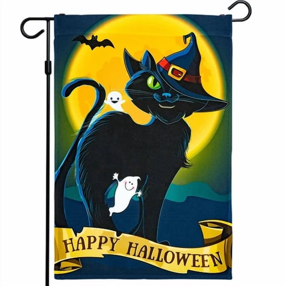 PURELY- Garden Flag Halloween Fall Decoration Black Cat Bats And Ghosts 12"X18" Home