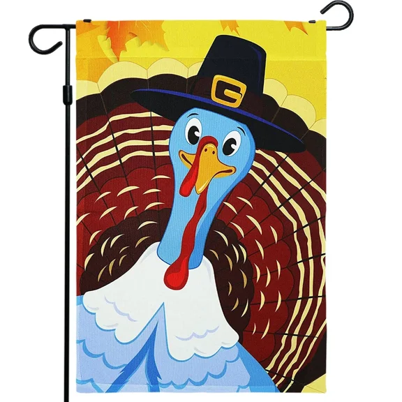 PURELY- Garden Flag Thanksgiving Fall Decoration Joyful Pilgrim Turkey 12"X18"