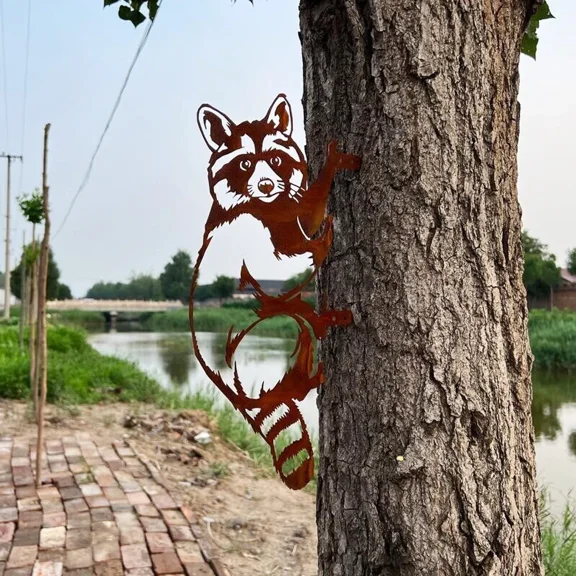 PURELY- Garden Outdoor Decoration Metal Wall Art Metal Raccoon Stake Animal Yard Decor