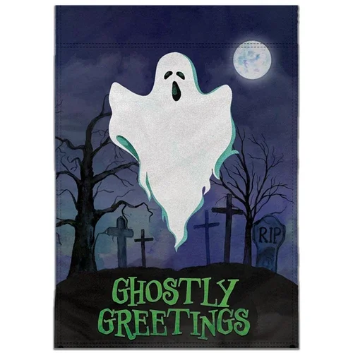 PURELY- Halloween Ghostly Greetings 12X18In Garden Flag Ghost Front Yard Home Decor Flag