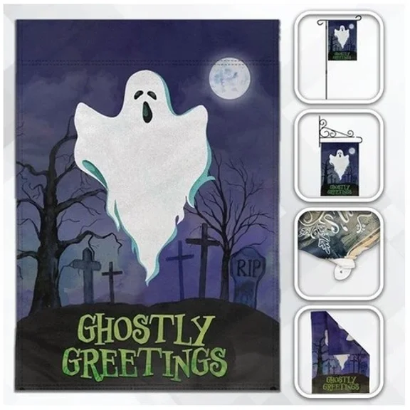 PURELY- Halloween Ghostly Greetings 12X18In Garden Flag Ghost Front Yard Home Decor Flag