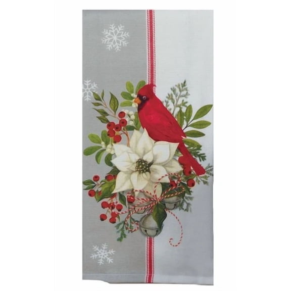 PURELY- New Winterberry Garden White Poinsettia - Red Cardinal Terry Kitchen Dish Towel