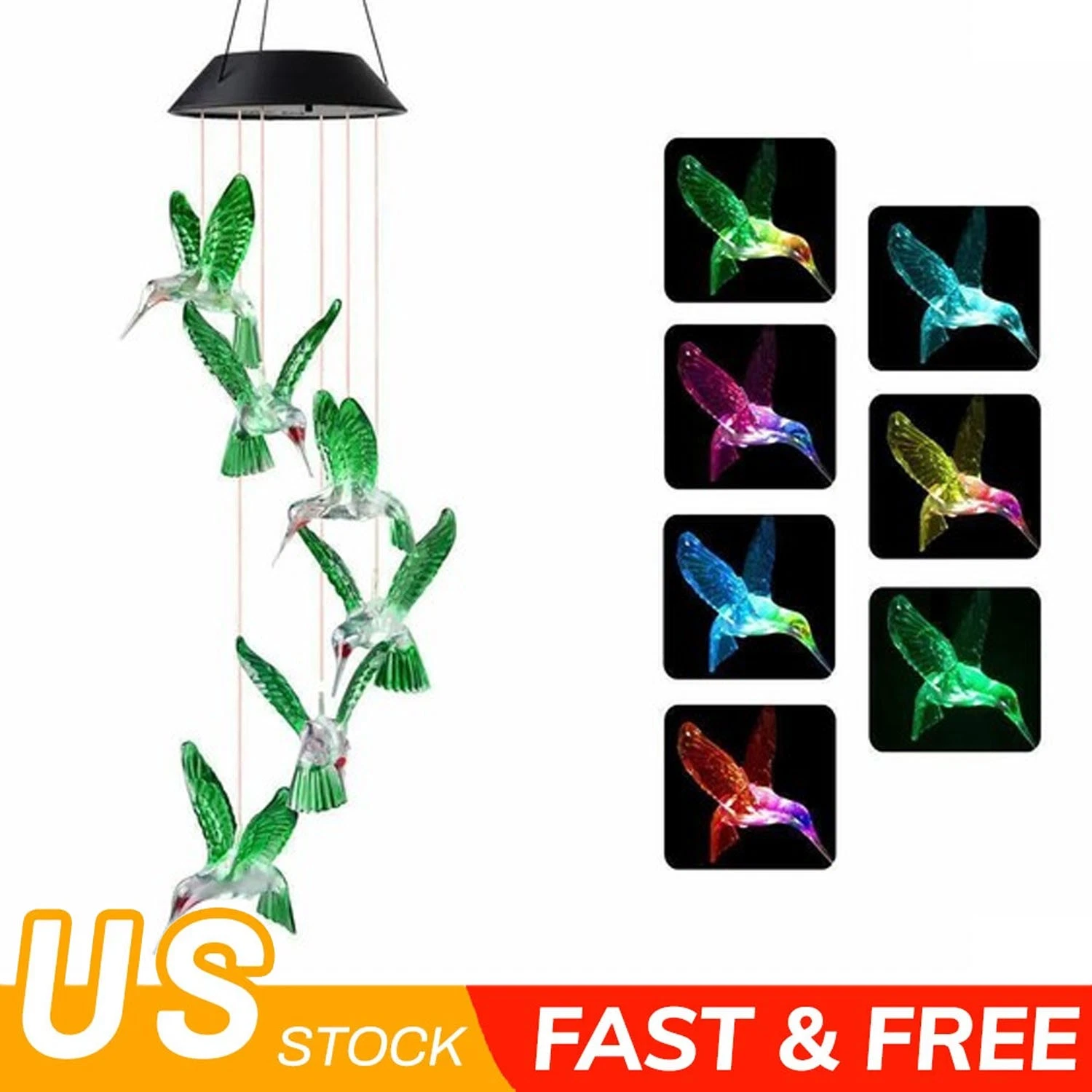 PURELY- Solar Powered Led Color Changing Hummingbird Wind Chime Lights Garden Yard Decor