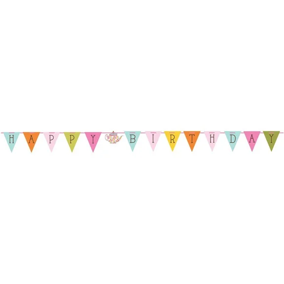 PURELY- Tea Time Garden Theme Pink Girls Kids Birthday Party Decoration Shaped Banner